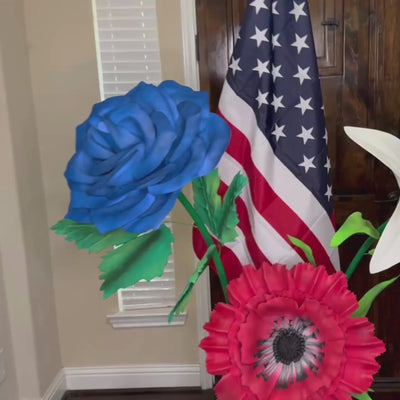 American Flag Decor with Patriotic Floral Arrangement - Red, Blue, White