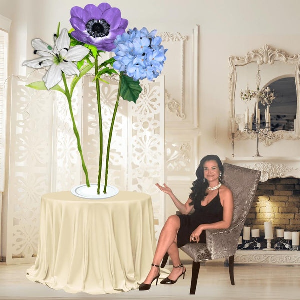 Restful Comfort Tall Table Centerpiece – White Lily, Blue Hydrangea, and Purple Anemone, 12" and 18" Diameter Flowers