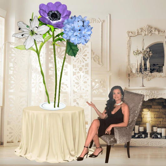 Restful Comfort Tall Table Centerpiece – White Lily, Blue Hydrangea, and Purple Anemone, 12" and 18" Diameter Flowers