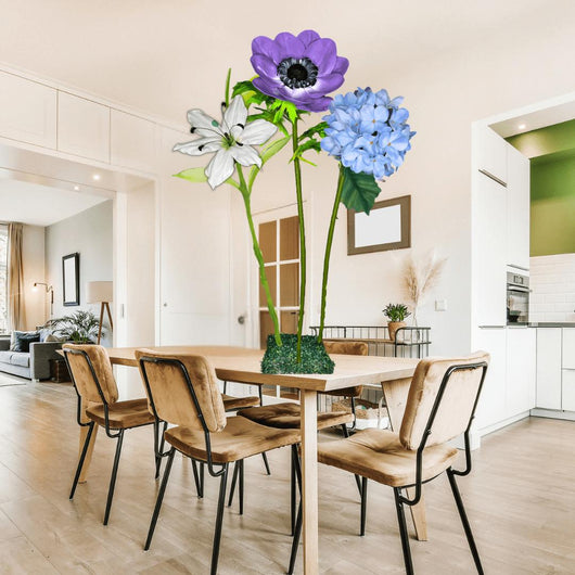 Restful Comfort Tall Table Centerpiece – White Lily, Blue Hydrangea, and Purple Anemone, 12" and 18" Diameter Flowers