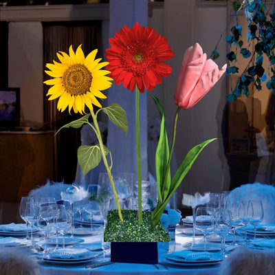 Sincere Regrets Tall Table Centerpiece – Red Gerbera, Pink Tulip, and Yellow Sunflower, 12" and 18" Diameter Flowers