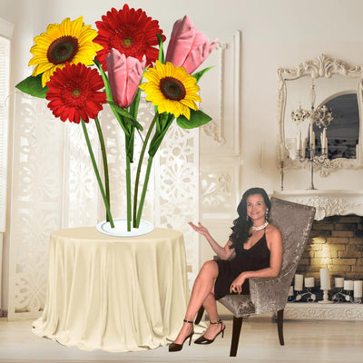 Sincere Regrets Tall Table Centerpiece – Red Gerbera, Pink Tulip, and Yellow Sunflower, 12" and 18" Diameter Flowers