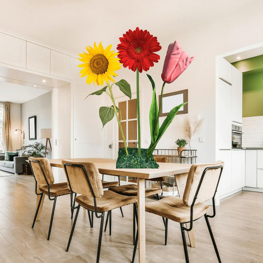 Sincere Regrets Tall Table Centerpiece – Red Gerbera, Pink Tulip, and Yellow Sunflower, 12" and 18" Diameter Flowers
