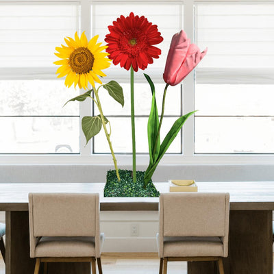 Sincere Regrets Tall Table Centerpiece – Red Gerbera, Pink Tulip, and Yellow Sunflower, 12" and 18" Diameter Flowers