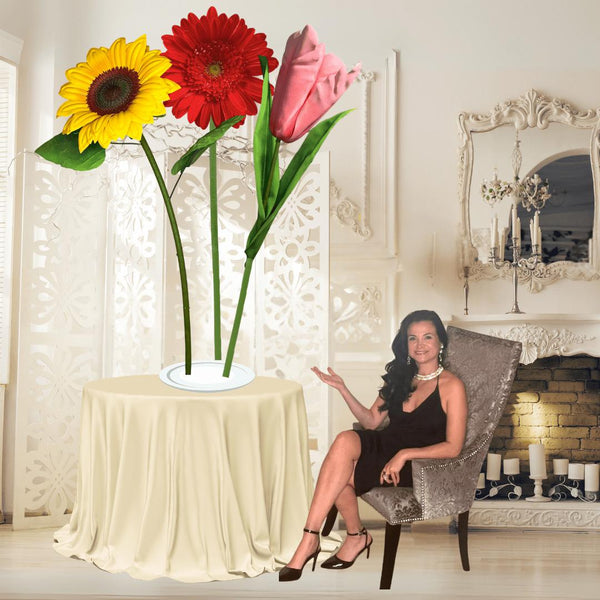 Sincere Regrets Tall Table Centerpiece – Red Gerbera, Pink Tulip, and Yellow Sunflower, 12" and 18" Diameter Flowers