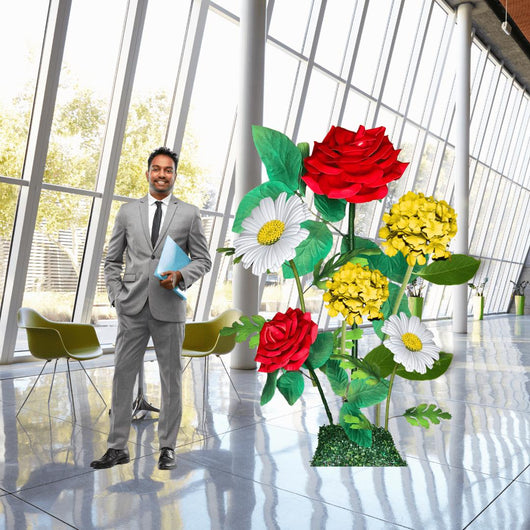 Success Bloom Giant Flower Backdrop – Featuring Red Roses, White Daisies, and Yellow Hydrangeas