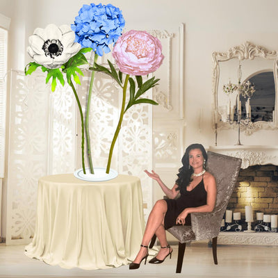 Tied Hearts Tall Table Centerpiece – Blue Hydrangea, White Anemone, and Pink Peony, 18" and 12" Diameter Flowers