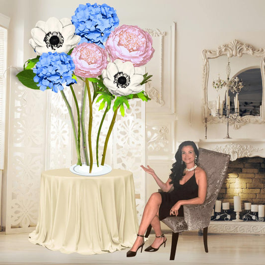 Tied Hearts Tall Table Centerpiece – Giant Blue Hydrangea, White Anemone, and Pink Peony-amazinggiantflowers