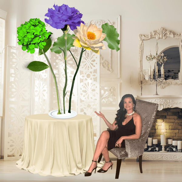 Welcome Home Tall Table Centerpiece – White Water Lily, Purple Carnation, and Lime Green Hydrangea, 12" and 18" Diameter Flowers