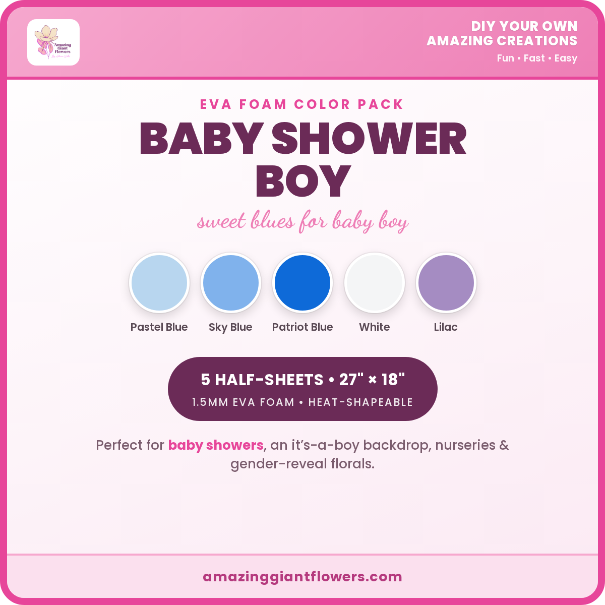 Baby Shower Boy EVA Foam Color Pack | 5 Half-Sheets 27"x18" 1.5mm - Image 2