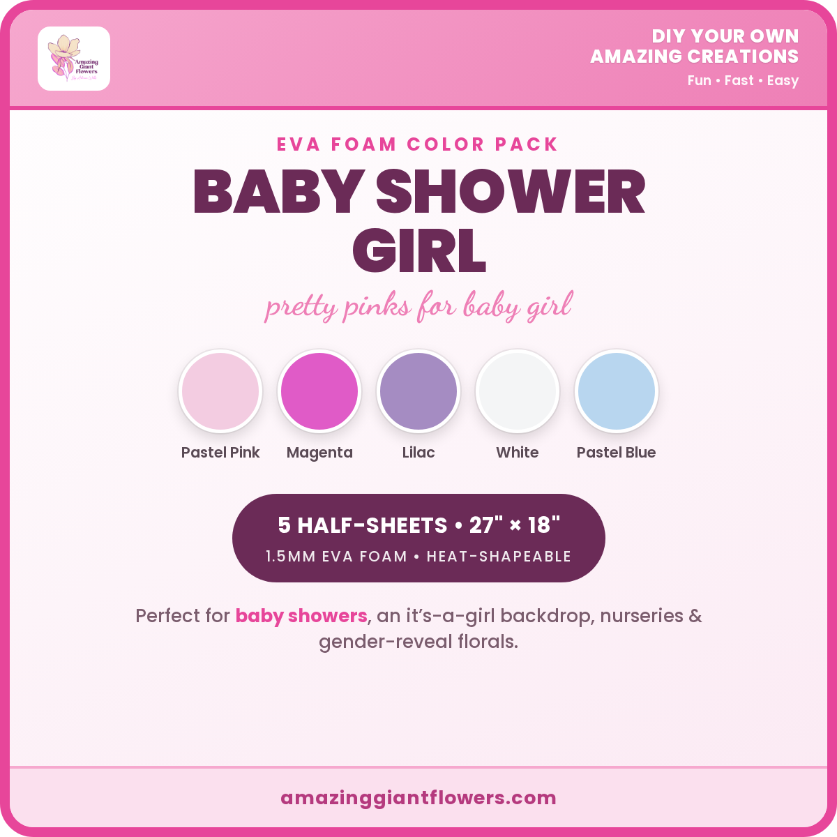 Baby Shower Girl EVA Foam Color Pack | 5 Half-Sheets 27"x18" 1.5mm - Image 2