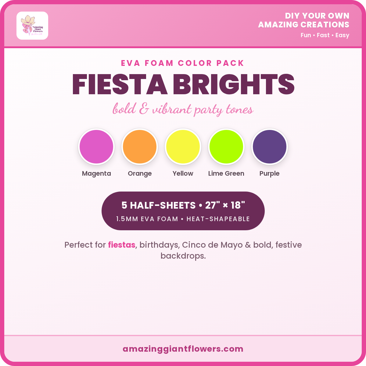 Fiesta Brights EVA Foam Color Pack | 5 Half-Sheets 27"x18" 1.5mm - Image 2