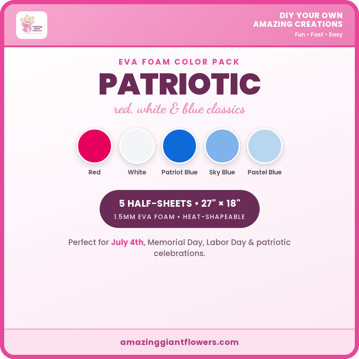 Patriotic EVA Foam Color Pack | 5 Half-Sheets 27"x18" 1.5mm - Image 2