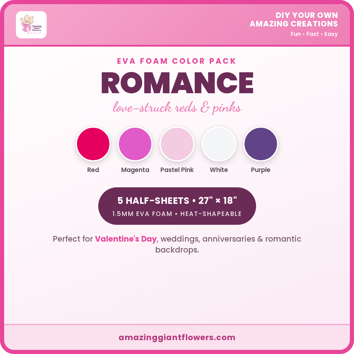 Romance EVA Foam Color Pack | 5 Half-Sheets 27"x18" 1.5mm - Image 2