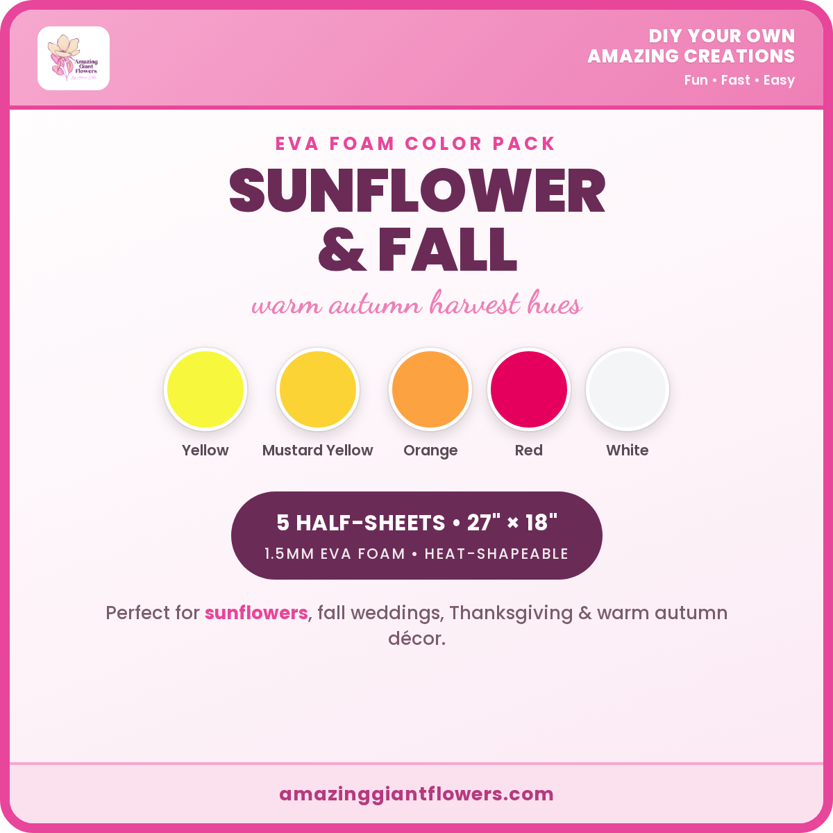 Sunflower & Fall EVA Foam Color Pack | 5 Half-Sheets 27"x18" 1.5mm - Image 2