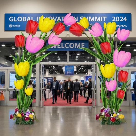 Giant tulip flower arch installation at convention center entrance