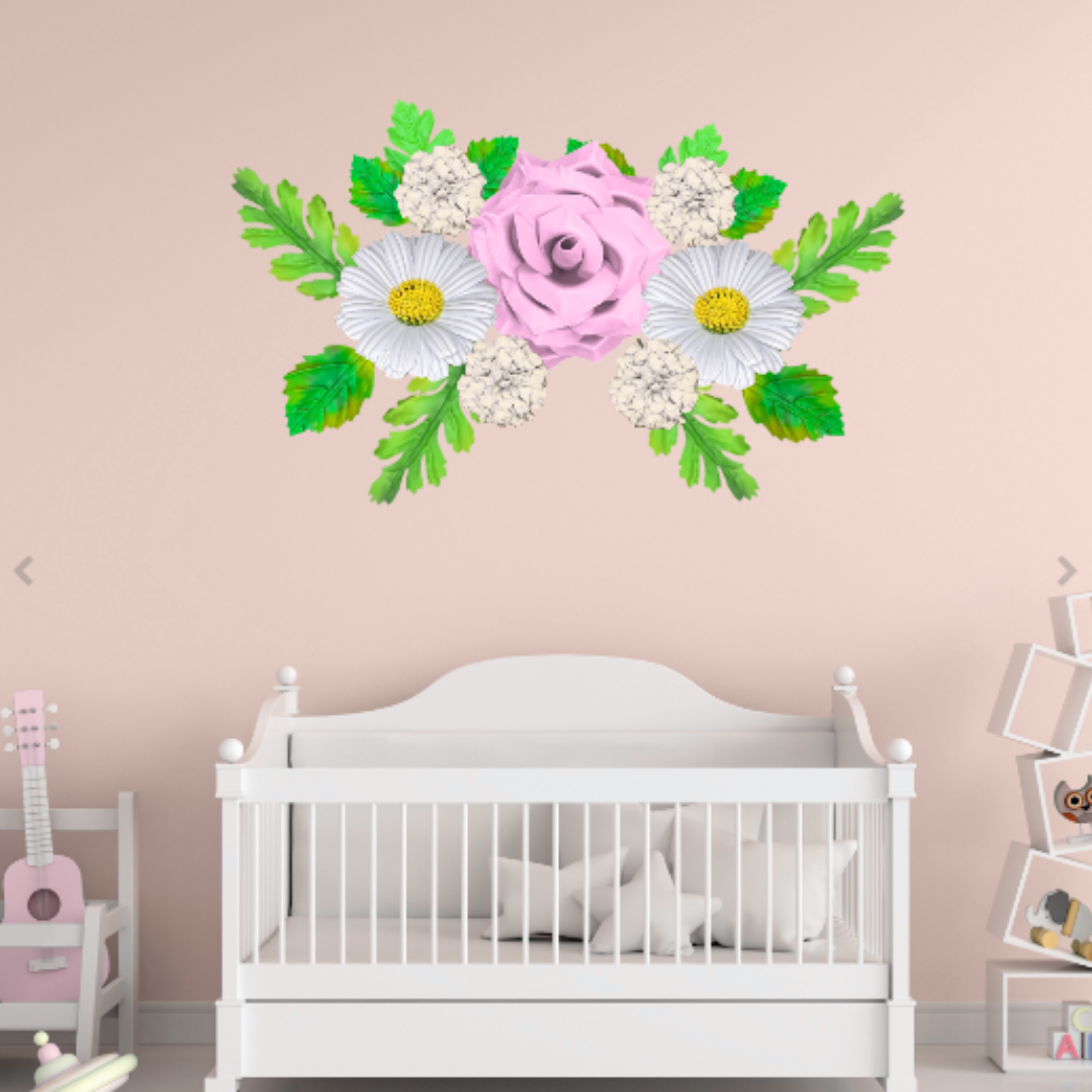 Nursery wall flower garden set with pastel giant foam flowers arranged for baby room and shower backdrop decor