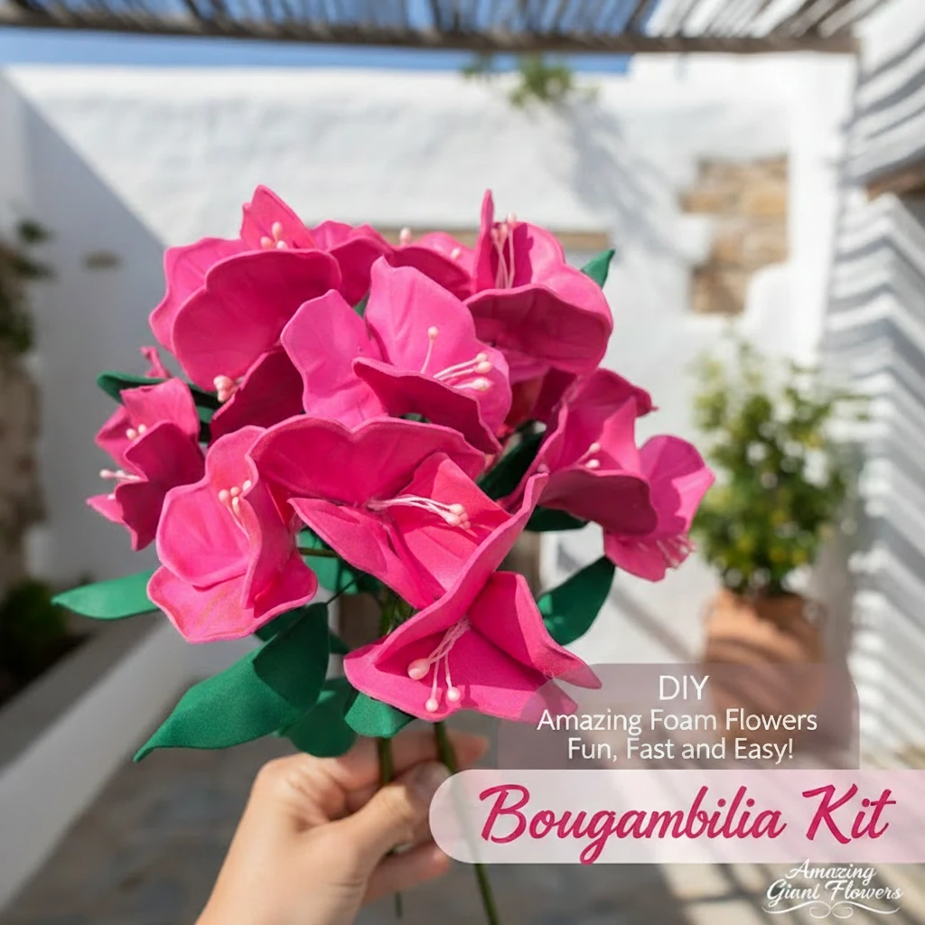 Hand holding a lifesize bougainvillea foam flower bouquet — small DIY craft kit result